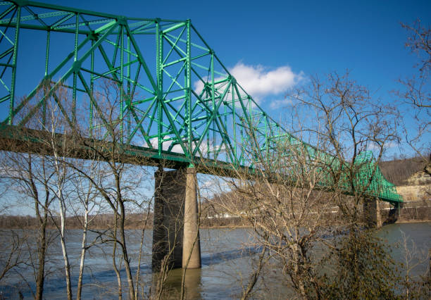 istock Old blue bridge over the river against a blue sky on a sunny day 1461020653