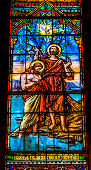 Jesus Baptism John the Baptist Stained Glass Basilica Notre Dame de Nice Catholic Church Nice Cote d'Azur Nice France Constructed 1860s Glass by Charles Champigneulle died 1905