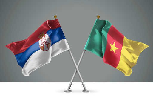 3D illustration of Two Wavy Crossed Flags of Serbia and Cameroon, Sign of Serbian and Cameroonian Relationships
