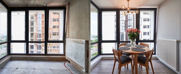 istock Apartment living room before and after renovation. 1461022752