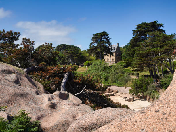 istock Scenic landscape with trees, rocks and a house under a blue sky 1461022798