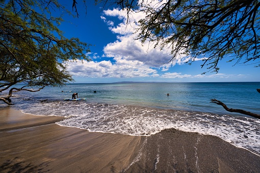 Sunny day with coconut and sand at Grande Anse Beach, Reunion Island