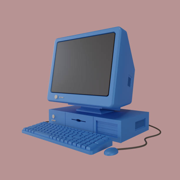 istock Blue old fashioned personal computer vintage style. 3d render illustration. isolated on pink background 1461025396