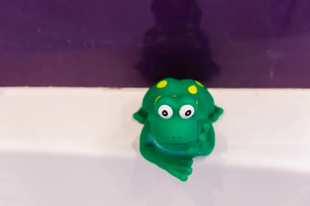 Photo of Closeup shot of a plastic bath frog toy