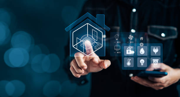 istock Man hands touch icons on virtual display screen as assistant remote from house 1461028296