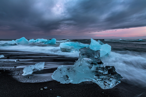 Icebergs at Diamond Beach, Jokulsarlon glacier lagoon, Iceland