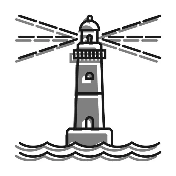 Vector illustration of Marine Coastal Lighthouse filled with gray color icon filled with gray color icon. Safe Route In Shipping Area. Simple black and white vector