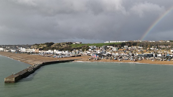 Breakwater Hastings seaside town on Kent coast of England drone