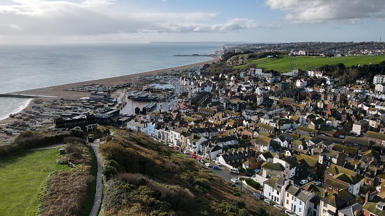 Hastings seaside town on Kent coast of England Drone view