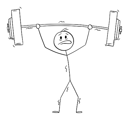 Strong weightlifter lifting heavy barbell, vector cartoon stick figure or character illustration.