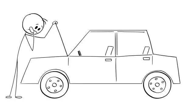 Vector illustration of Driver and Broken Car , Vector Cartoon Stick Figure Illustration