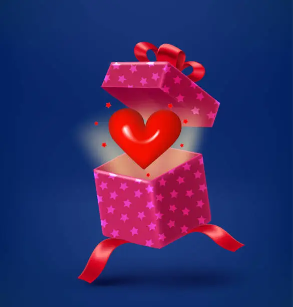 Vector illustration of Open gift box with red heart. 3d vector illustration