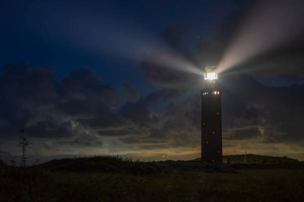 istock Lighthouse in the dunes with lightbeams at night 1461034388