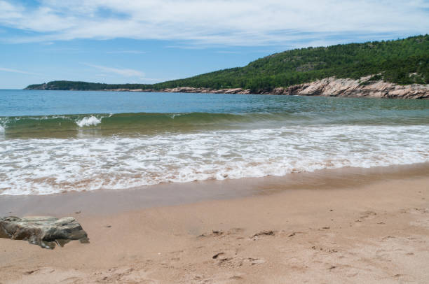 Waves rolling in on the beach at Acadia National Park in Maine