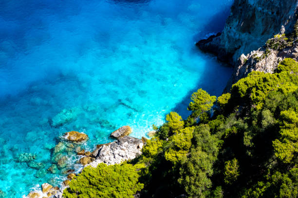 istock Beautiful crystal clear blue and turquoise waters next to a rugged, overgrown coastline that makes a wonderful play of colors, Keri, Zakynthos, Greece 1461036416