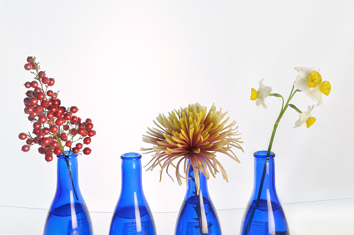 Spring flowers in a vase top view. Beautiful yellow and purple flowers in a glass vase. Flowers on a white background