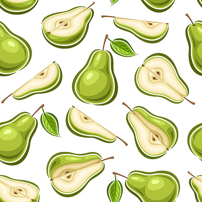 Vector Pear Seamless Pattern, square repeating background with cut out illustrations of ripe chopped pears with green leaves for wrapping paper, group of flat lay juicy pear fruits for home interior