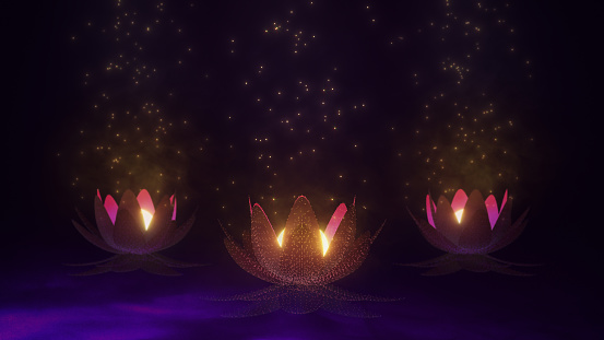 This stock image showcases a beautiful and magical pink lotus flower in the center of the screen. The flower is surrounded by sparkling lights that enhance its beauty and create an ethereal atmosphere. The background is a soft, soothing color that adds to the peaceful and calming vibe. This stock image is perfect for use as a background in projects related to meditation, yoga, or any other relaxation or wellness-themed content. The make it easy to use as a continuous backdrop for your project.