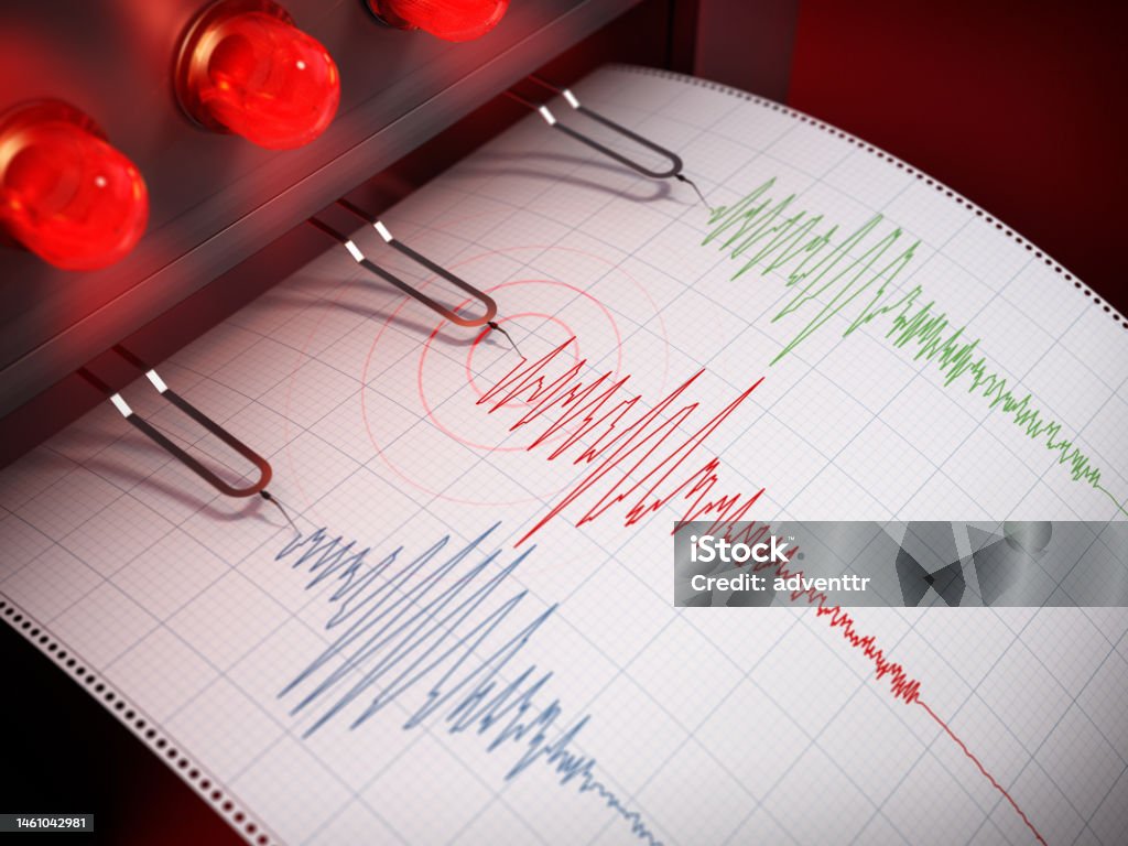 Seismograph printing seismic activity records of a severe earthquake Seismograph printing seismic activity records of a severe earthquake. Earthquake Stock Photo