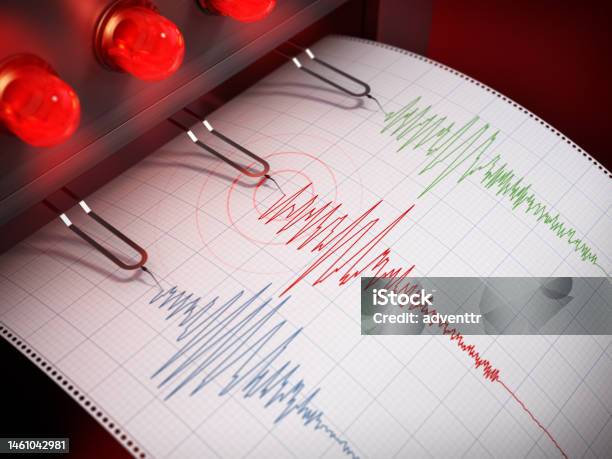 Seismograph Printing Seismic Activity Records Of A Severe Earthquake Stock Photo - Download Image Now