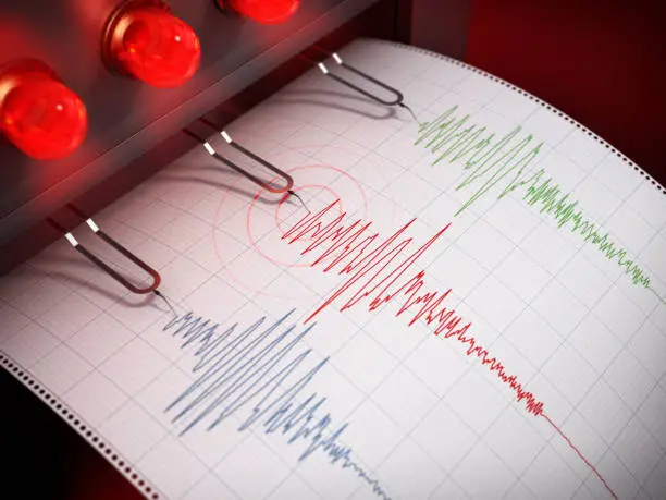 Seismograph printing seismic activity records of a severe earthquake.