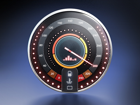 Car speedometer pointing over 300 km/h high speed. 3D illustration.