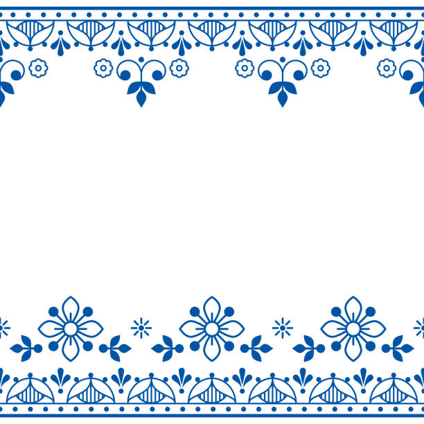 스칸디나비아 민속 예술 개요 벡터 인사말 카드와 원활한 텍스트 패턴, 꽃과 네이비 블루 복고풍 디자인 - texttile stock illustrations