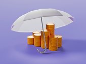 Glass umbrella and pile of gold coins on isolated background, insurance theme illustration 3d render