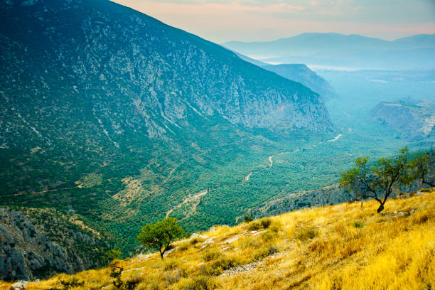 sunset view of a valley landscape near delphi - gulf of corinth imagens e fotografias de stock