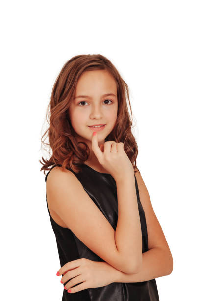 Portrait stylish teen girl model posing in black clothes isolated empty white background, looking at camera. Teenage girl shooting in studio. Fashion style concept. Copy text space for advertising Portrait stylish teen girl model posing in black clothes isolated empty white background, looking at camera. Teenage girl shooting in studio. Fashion style concept. Copy text space for advertising empty profile picture stock pictures, royalty-free photos & images