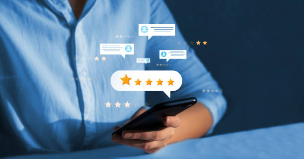 istock Gold five star rating feedback on virtual sreen. Customer review satisfaction feedback.Concept of satisfaction, quality and performance 1461047243