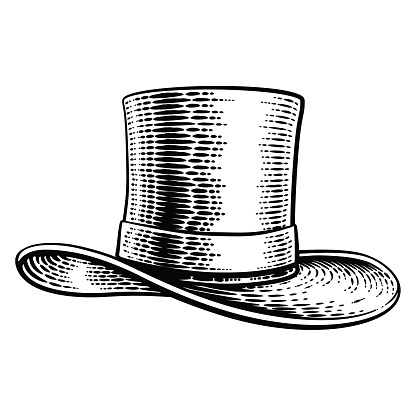 A magic or Victorian top hat drawing in a vintage retro woodcut etching style.