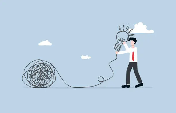 Vector illustration of Gain knowledge from problem solving, turn crisis to opportunity for learning and skill development, find creative solution concept, Businessman create light bulb from tangled line.