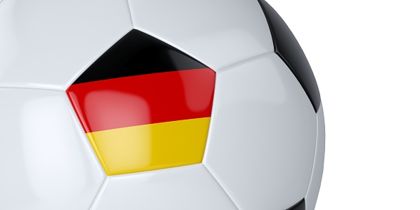 White soccer ball with the flag of Germany on a white background. Isolated. Close up. 3D illustration.