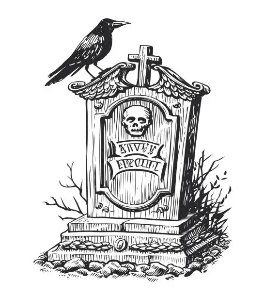 Vector illustration of Old gravestone and raven sketch. Cemetery, tombstone in vintage engraving style. Hand drawn vector illustration