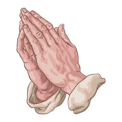 Praying hands in prayer in a comic book pop art cartoon illustration style.