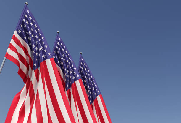 istock Three USA flags on flagpoles on a blue background. Place for text. Flags flutter in wind. United States of America, Washington. 3d illustration. 1461051608