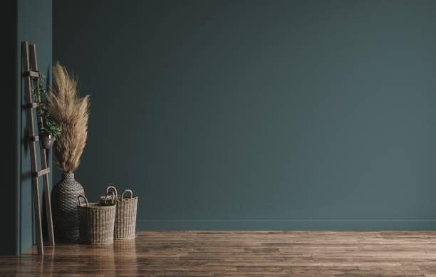 Home interior, dark room with minimal furniture, empty wall mockup