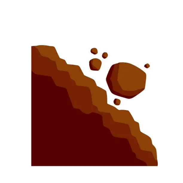 Vector illustration of Rock rolls off cliff. Falling boulder. Rockfall and landslide. Brown earth.
