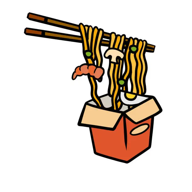 Vector illustration of Ramen noodles and wooden sticks in cardboard package.