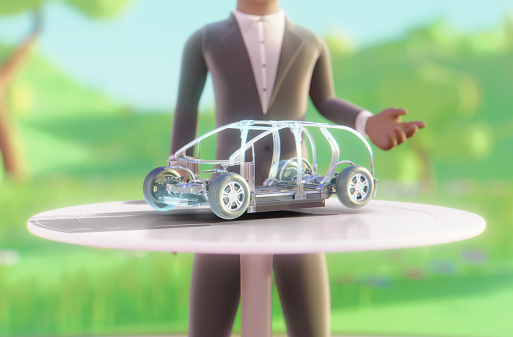The design of an electric car being viewed in the metaverse. A businessman is having a presentation about the electric car design.