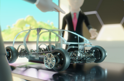 The design of an electric car being viewed in the metaverse. Digital avatars are discussing the design in an online meeting room inside the metaverse.