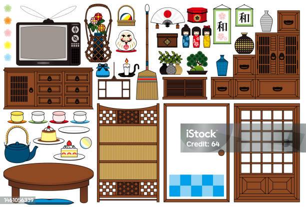 和室昭和レトロデコレーションイラスト和風デザイン日本の家具と日本の雑貨 - こけしのベクターアート素材や画像を多数ご用意 - こけし, ふすま, イラストレーション