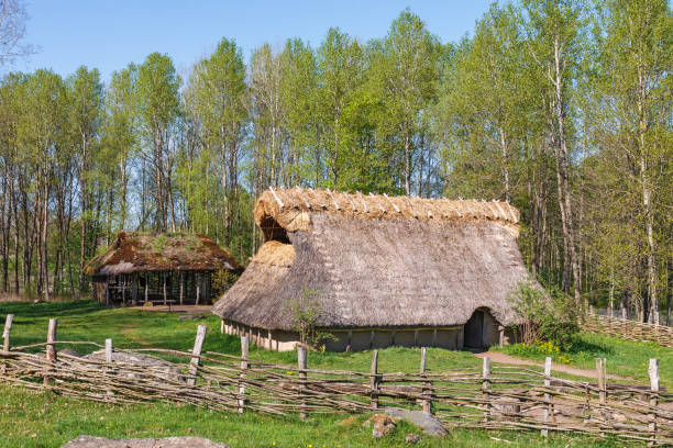 casa comunal en un prado con valla de madera en primavera - edad de bronce fotografías e imágenes de stock