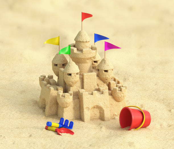 istock Sand castle with kids sand toys set 3d rendering 1461057189