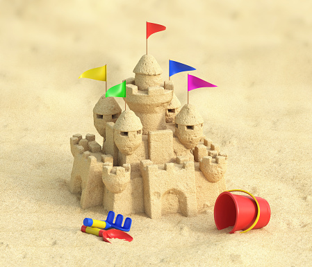 Sand castle with kids sand toys set 3d rendering