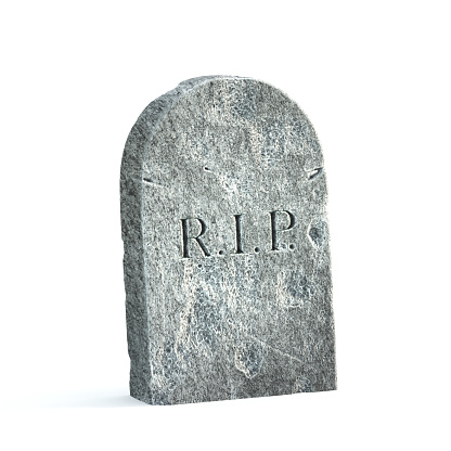 Lápida sobre fondo blanco, lápida con inscripción RIP, representación 3D photo