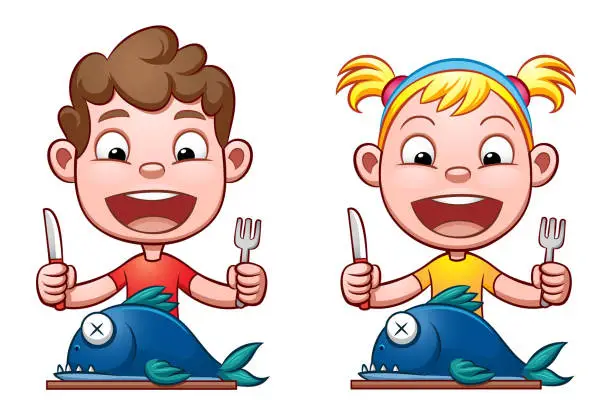 Vector illustration of Boy and Girl eating Fish