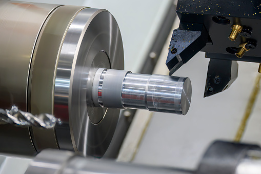 Turret head of metalworking CNC lathe machine. Selective focus.