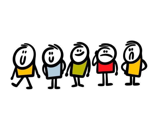 schlange von wartenden menschen in bunten kleidern mit positiven und negativen emotionen. - waiting in line illustrations stock-grafiken, -clipart, -cartoons und -symbole